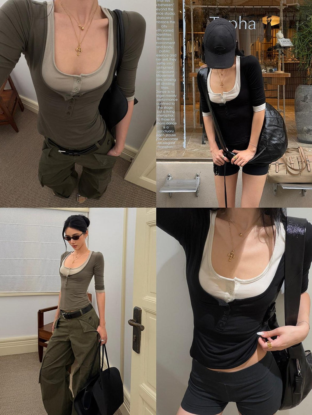 rovente Two Tone Spliced Layered Button U Neck Slim Women's Tencel Short Sleeve T-shirts