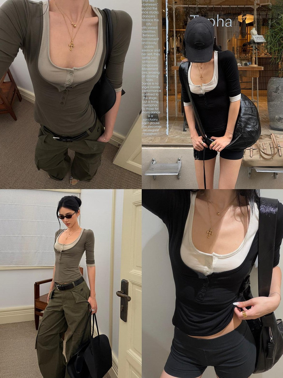 rovente Two Tone Spliced Layered Button U Neck Slim Women's Tencel Short Sleeve T-shirts