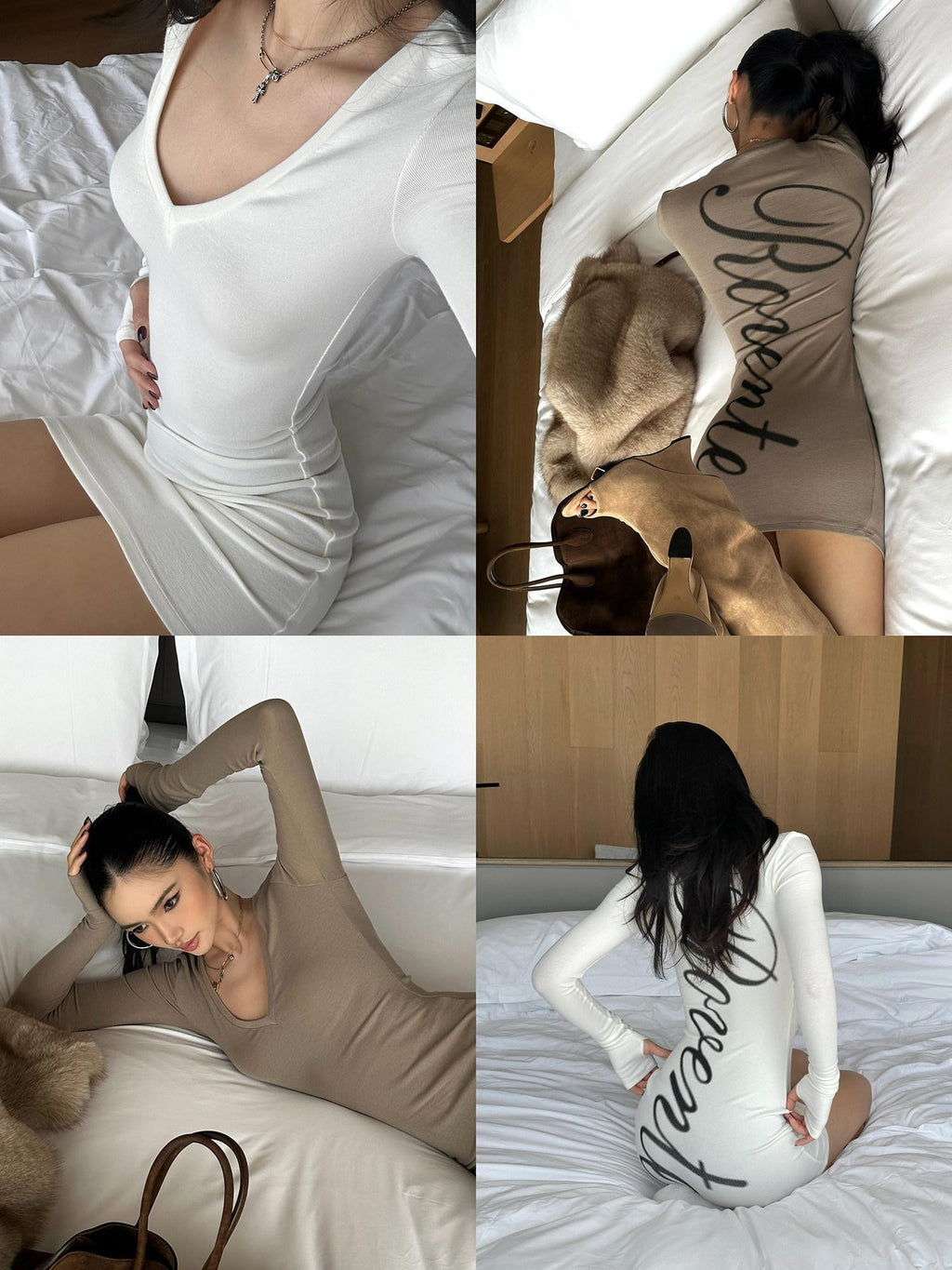 rovente V-neck Long Sleeve Printed Knit Waist Cinch Women's Bodycon Mini Dresses