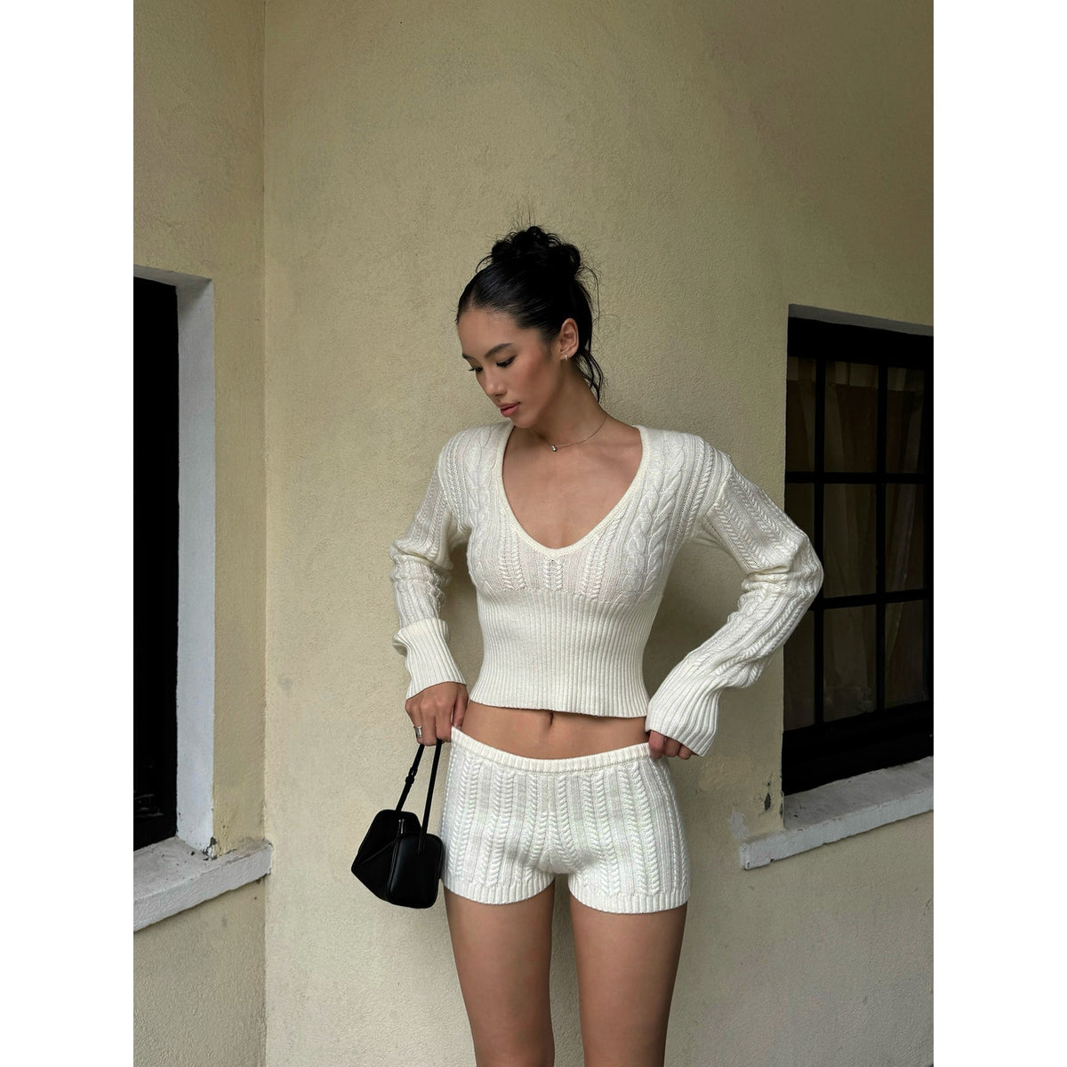 rovente_V-neck_Waist_Cinched_Cable_Knit_Women's_Wool_Blend_Casual_Top_&_Shorts_Sets_1086408567910_MISSTT