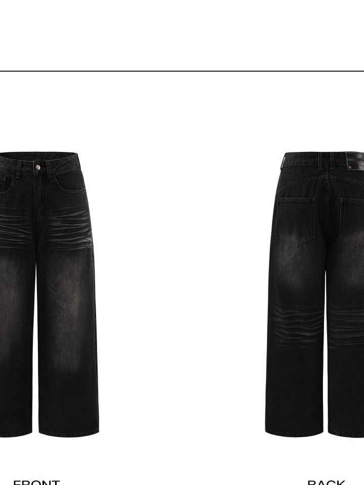 rovente Washed Black Vintage Zipper Natural Waist Women's Pure Cotton Wide-leg Jeans