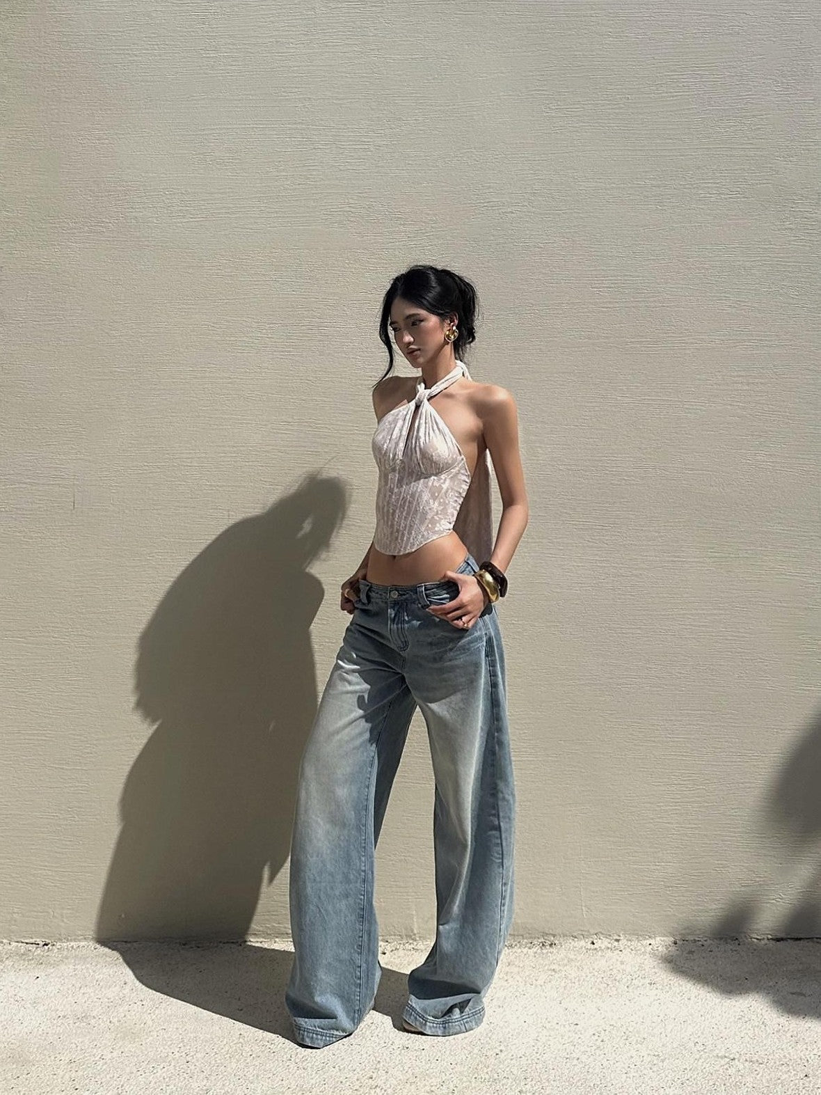 rovente Washed Blue Relaxed Low Rise Zip Fly Women's Denim Wide-leg Jeans
