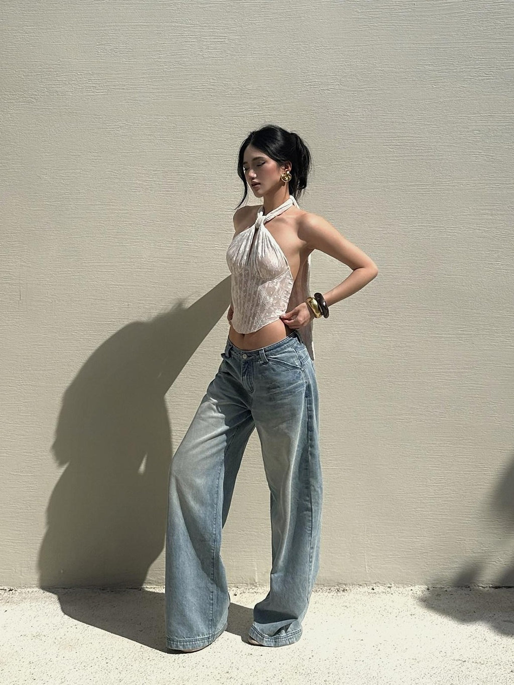 rovente Washed Blue Relaxed Low Rise Zip Fly Women's Denim Wide-leg Jeans
