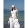 rovente_White_Asymmetric_Shoulder_Cutout_Tie_Waist_Women's_Nylon_Spandex_Slim_T-shirts_913711533841_MISSTT