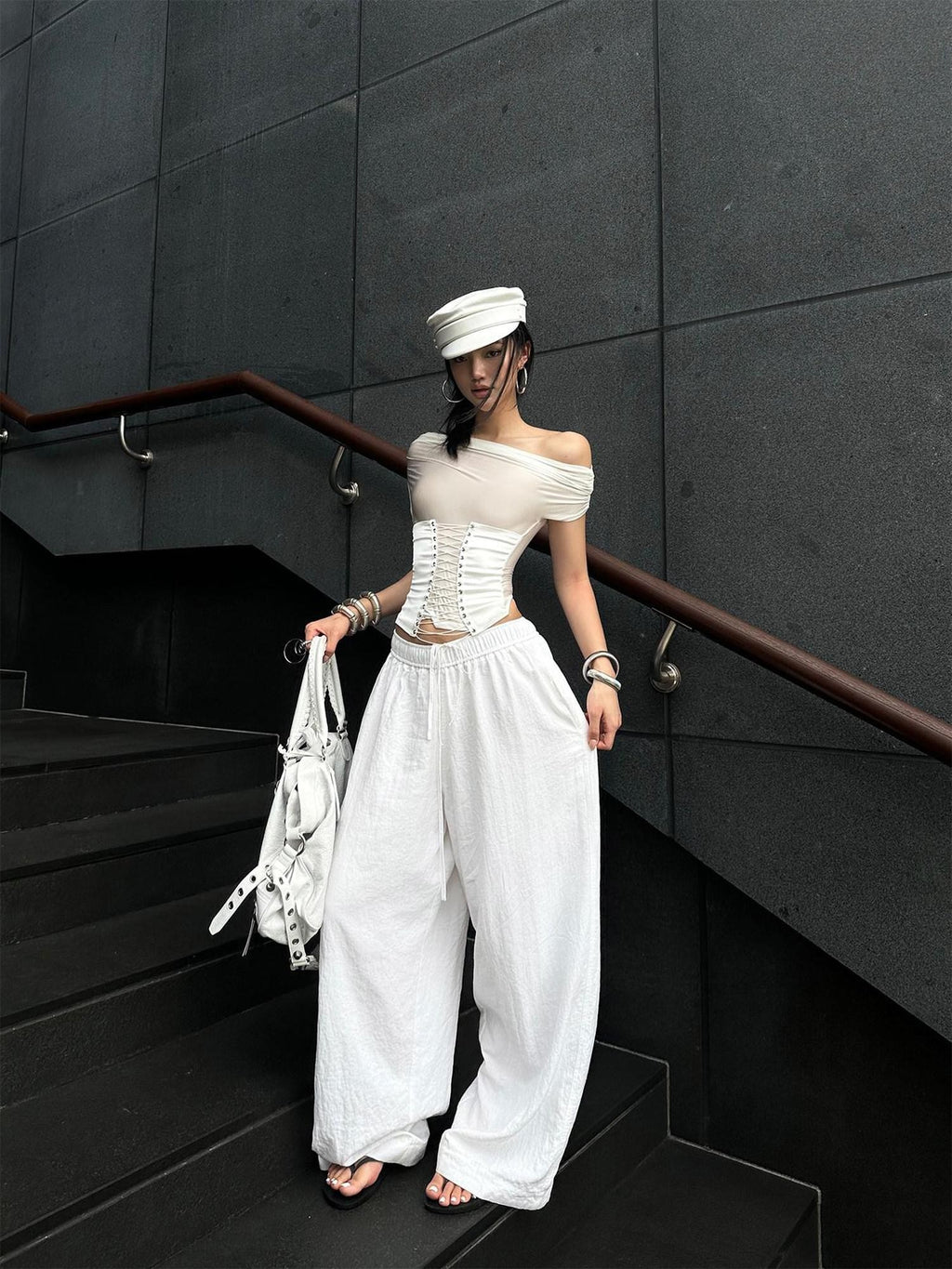 rovente White Asymmetric Shoulder Cutout Tie Waist Women's Nylon Spandex Slim T-shirts
