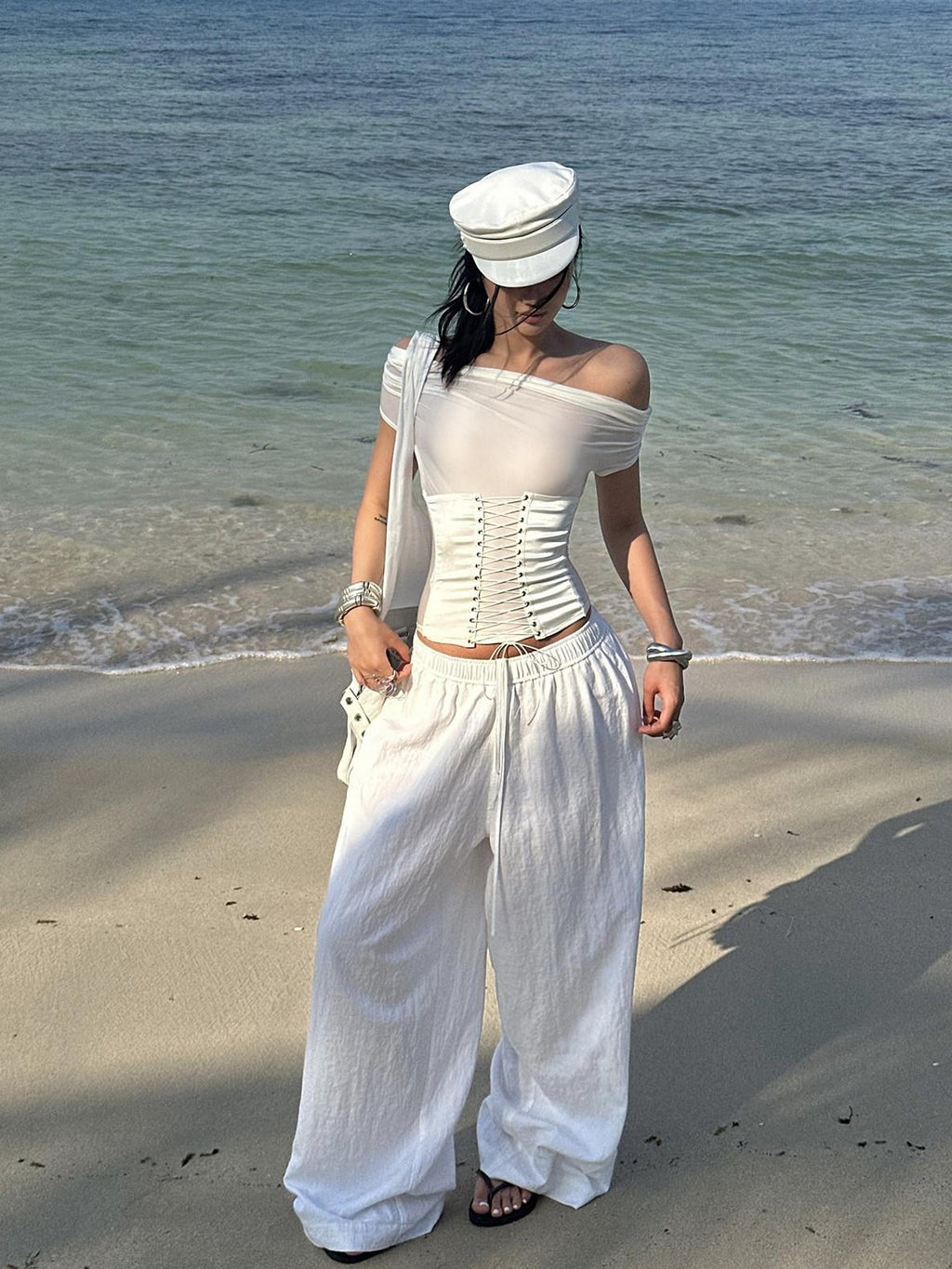 rovente White Asymmetric Shoulder Cutout Tie Waist Women's Nylon Spandex Slim T-shirts