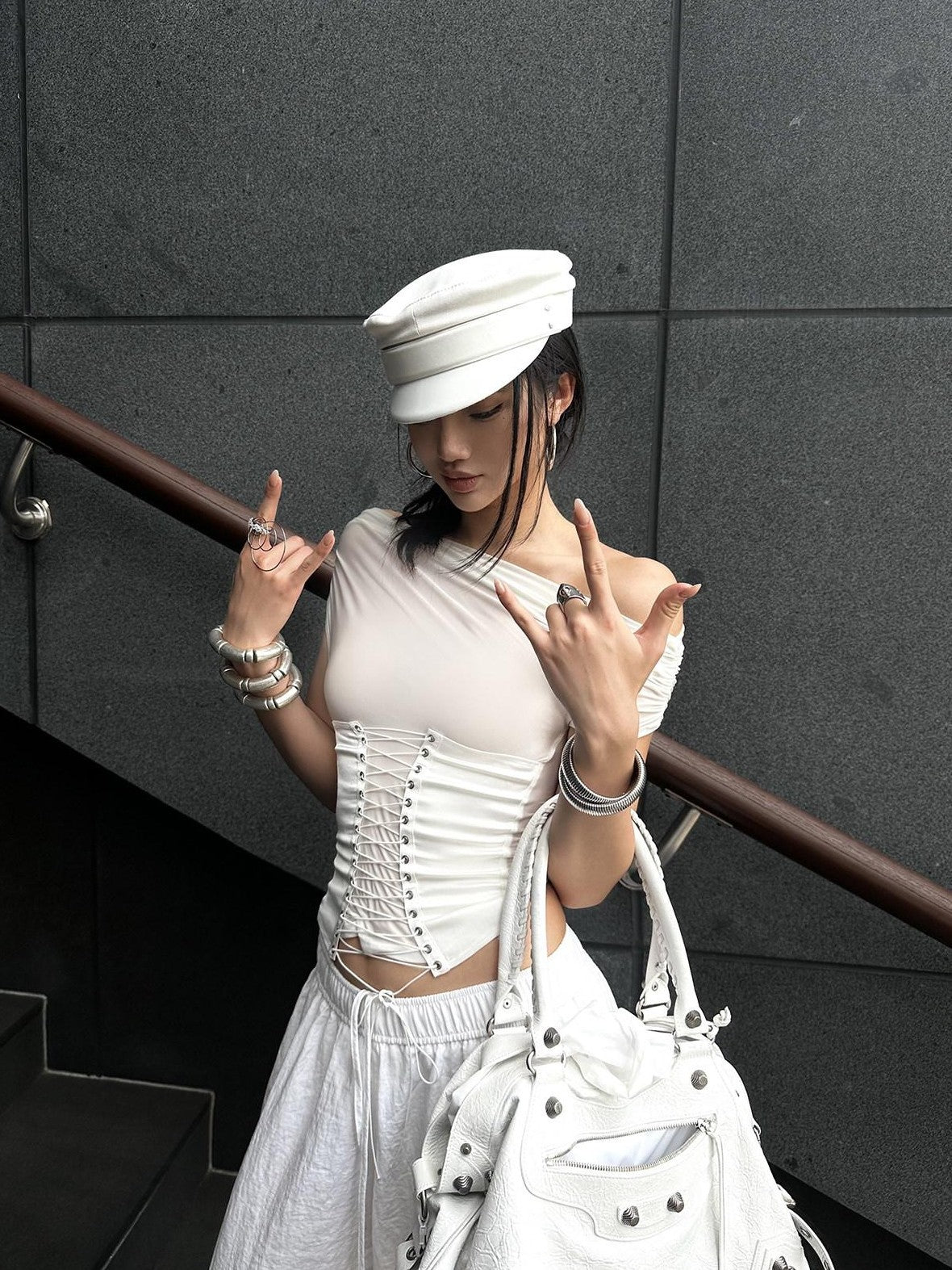 rovente White Asymmetric Shoulder Cutout Tie Waist Women's Nylon Spandex Slim T-shirts