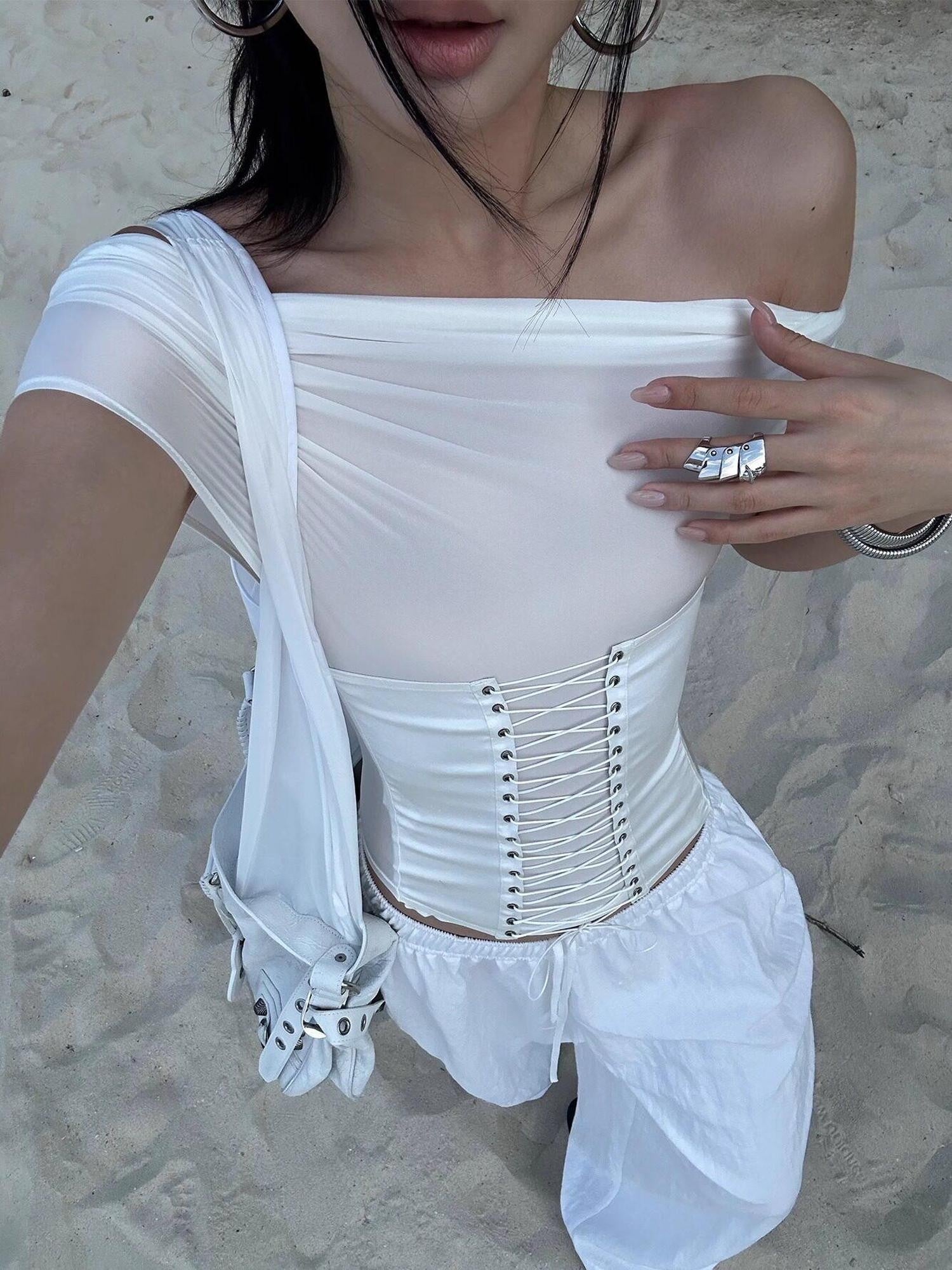rovente White Asymmetric Shoulder Cutout Tie Waist Women's Nylon Spandex Slim T-shirts