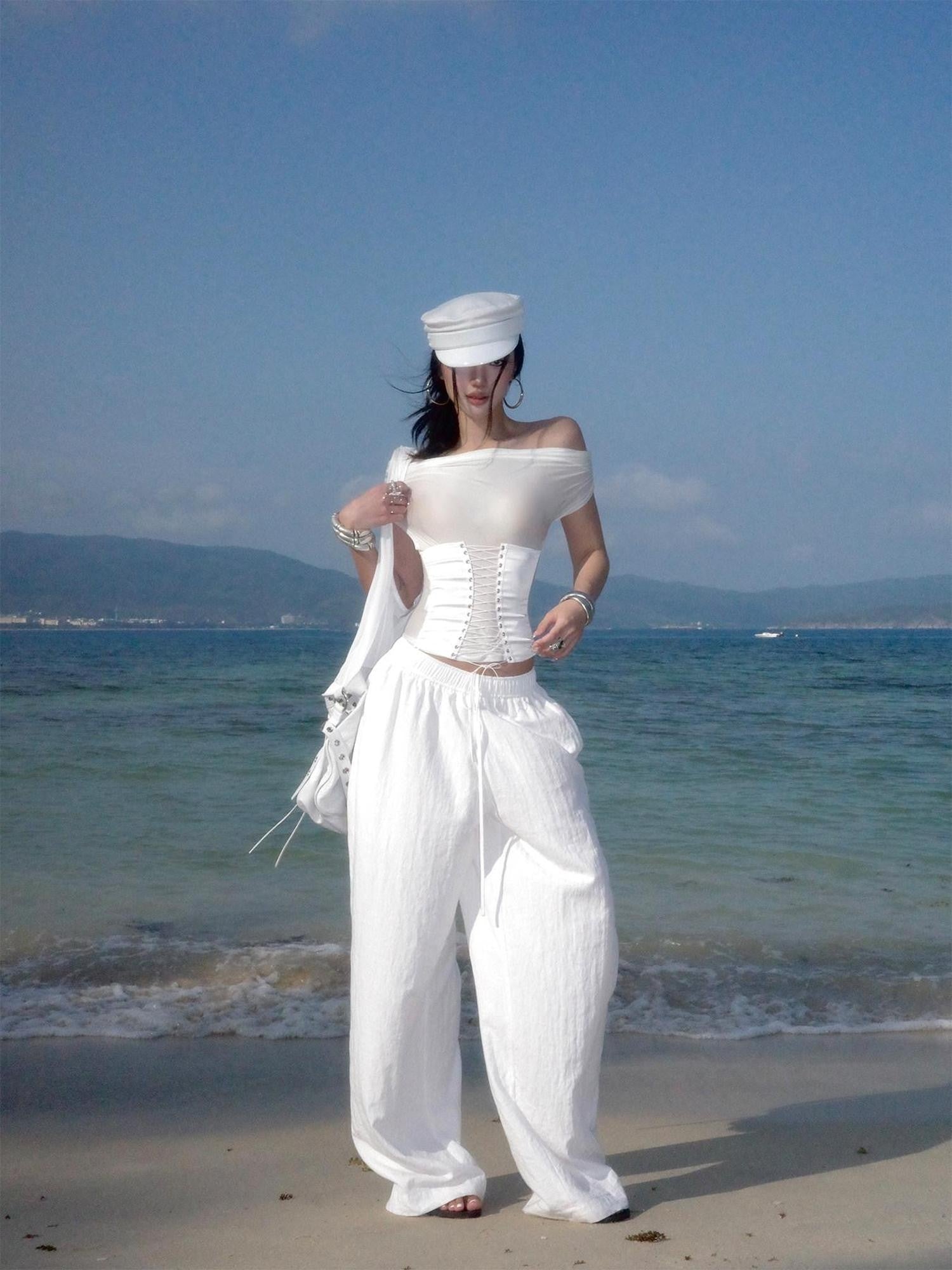 rovente White Asymmetric Shoulder Cutout Tie Waist Women's Nylon Spandex Slim T-shirts