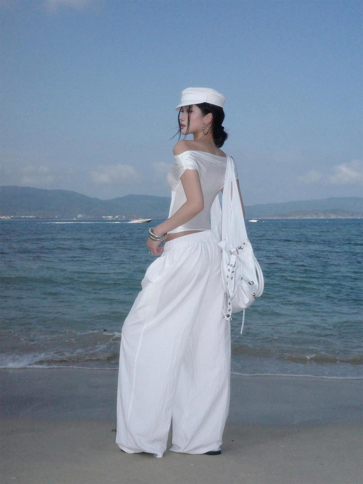 rovente White Asymmetric Shoulder Cutout Tie Waist Women's Nylon Spandex Slim T-shirts