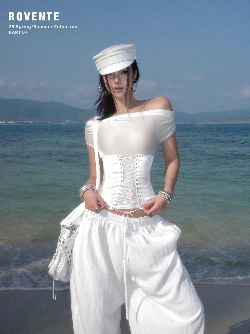 rovente White Asymmetric Shoulder Cutout Tie Waist Women's Nylon Spandex Slim T-shirts