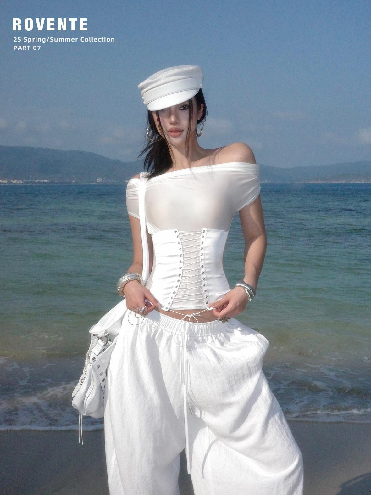 rovente White Asymmetric Shoulder Cutout Tie Waist Women's Nylon Spandex Slim T-shirts