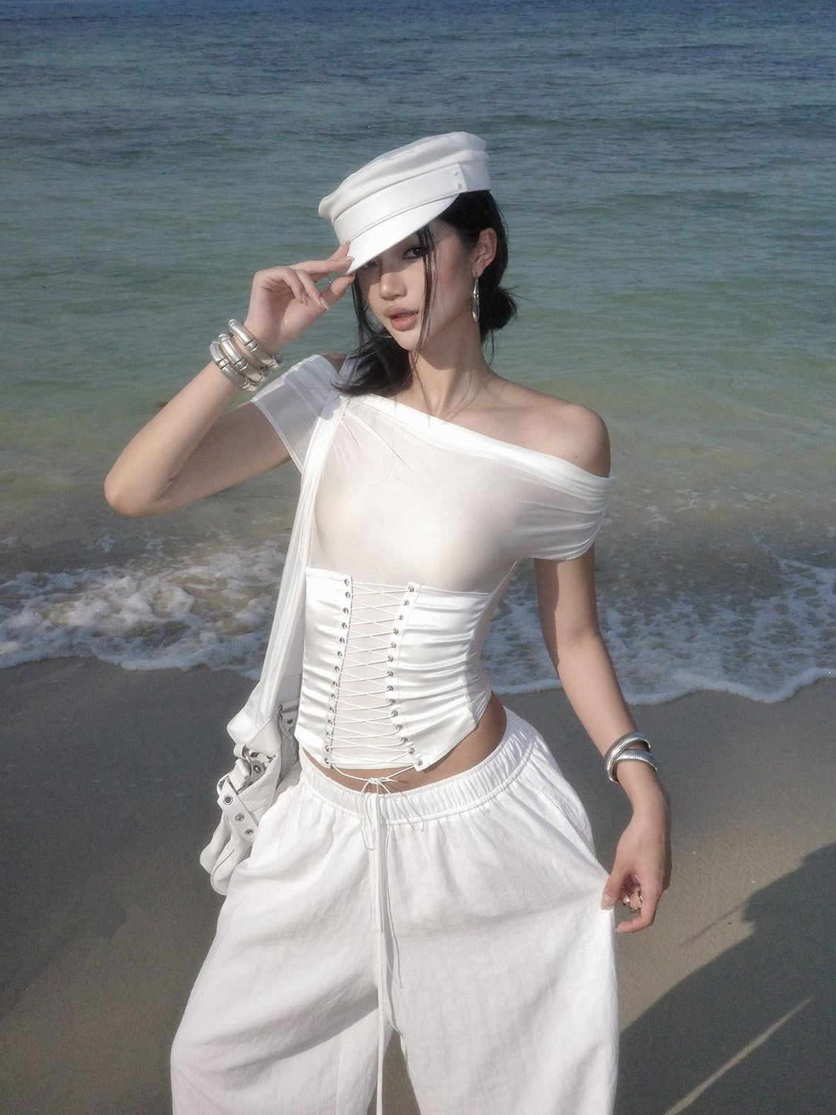 rovente White Asymmetric Shoulder Cutout Tie Waist Women's Nylon Spandex Slim T-shirts