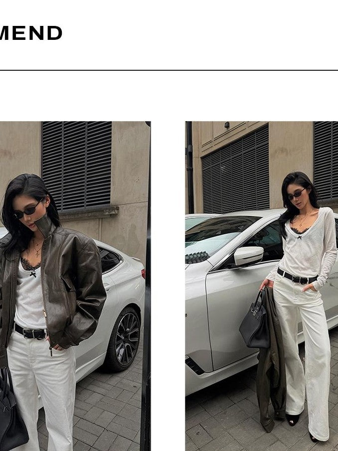 rovente White Bow Two Piece Knit Women's Cotton Long Sleeve T-shirts