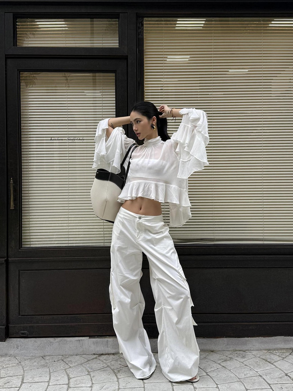 rovente White Cooling Drape Low Rise Utility Straight Wide Leg Women's Cargo Pants