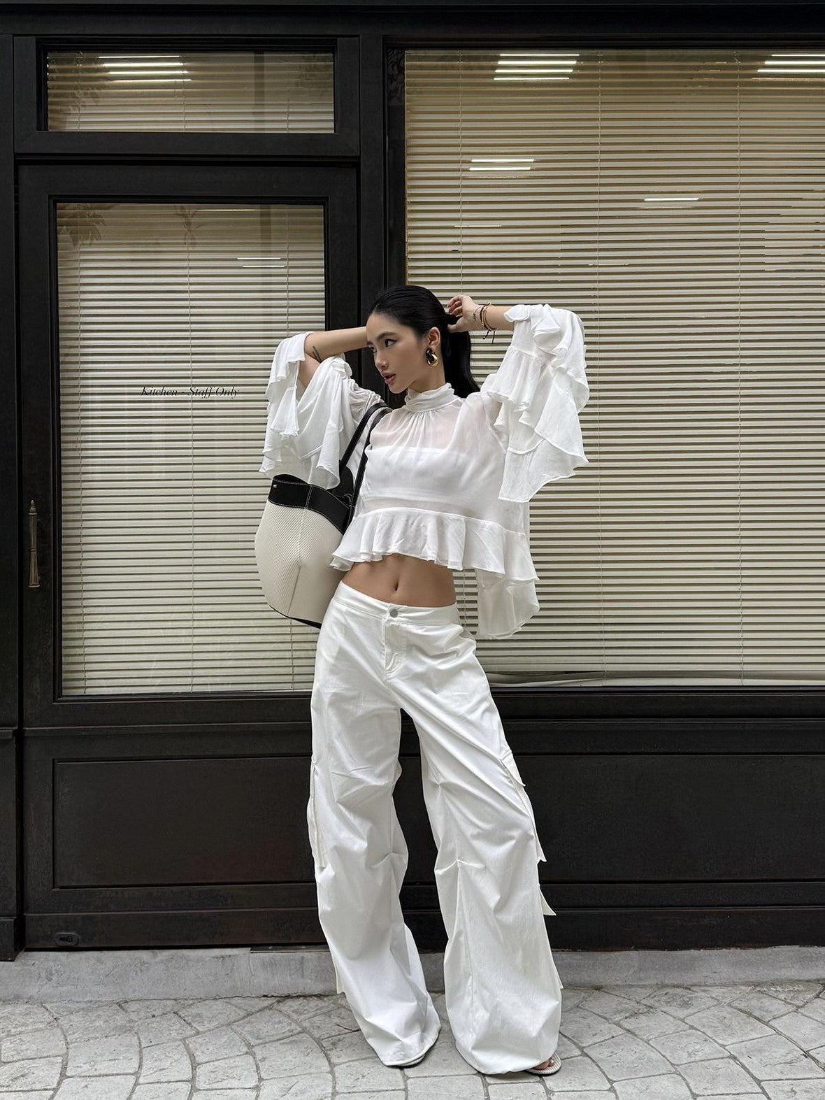 rovente White Cooling Drape Low Rise Utility Straight Wide Leg Women's Cargo Pants