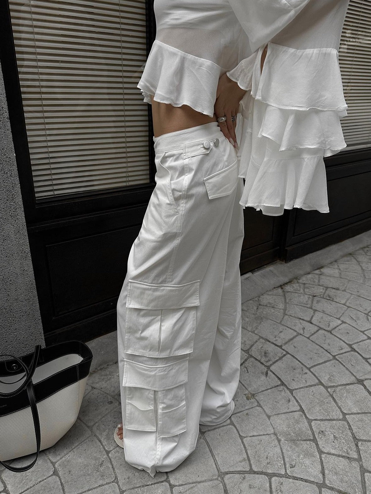 rovente White Cooling Drape Low Rise Utility Straight Wide Leg Women's Cargo Pants