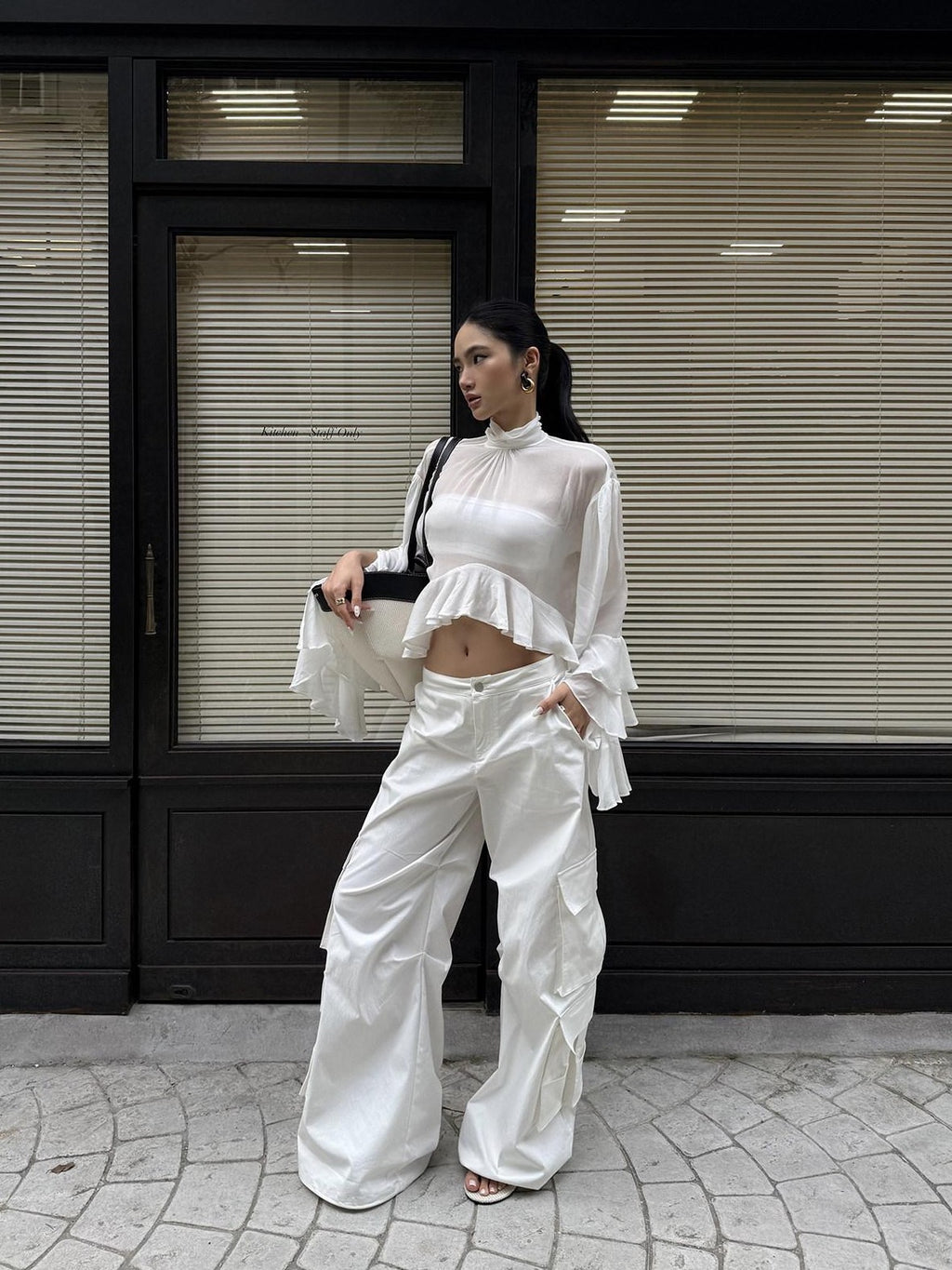 rovente White Cooling Drape Low Rise Utility Straight Wide Leg Women's Cargo Pants