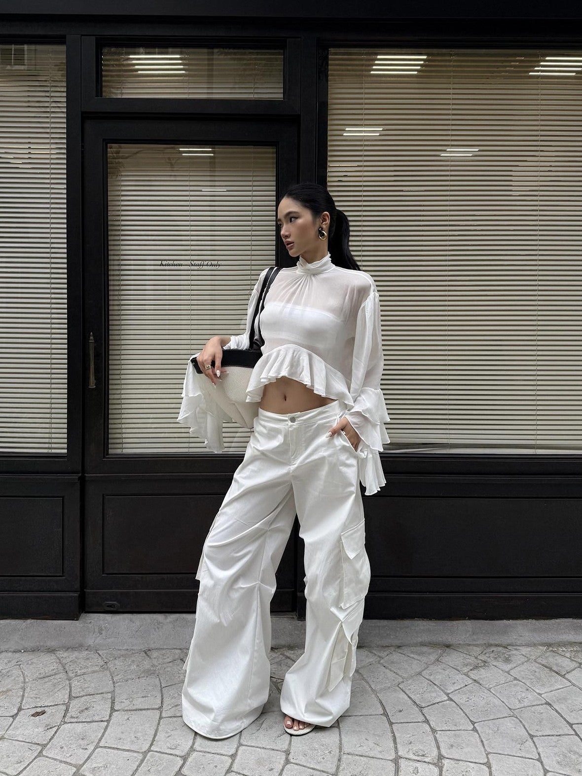rovente White Cooling Drape Low Rise Utility Straight Wide Leg Women's Cargo Pants