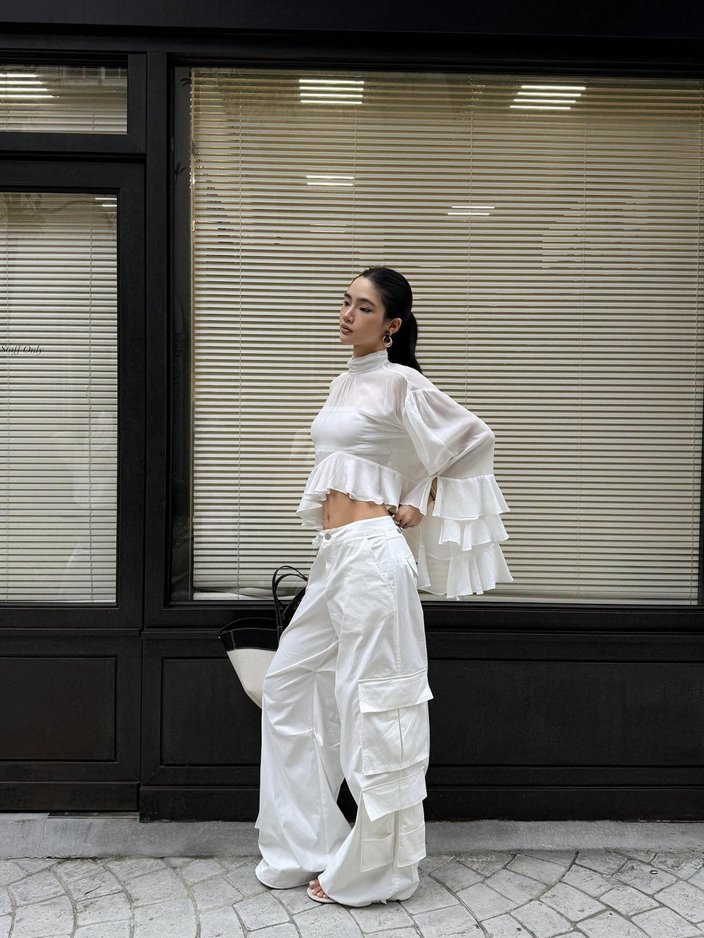 rovente White Cooling Drape Low Rise Utility Straight Wide Leg Women's Cargo Pants