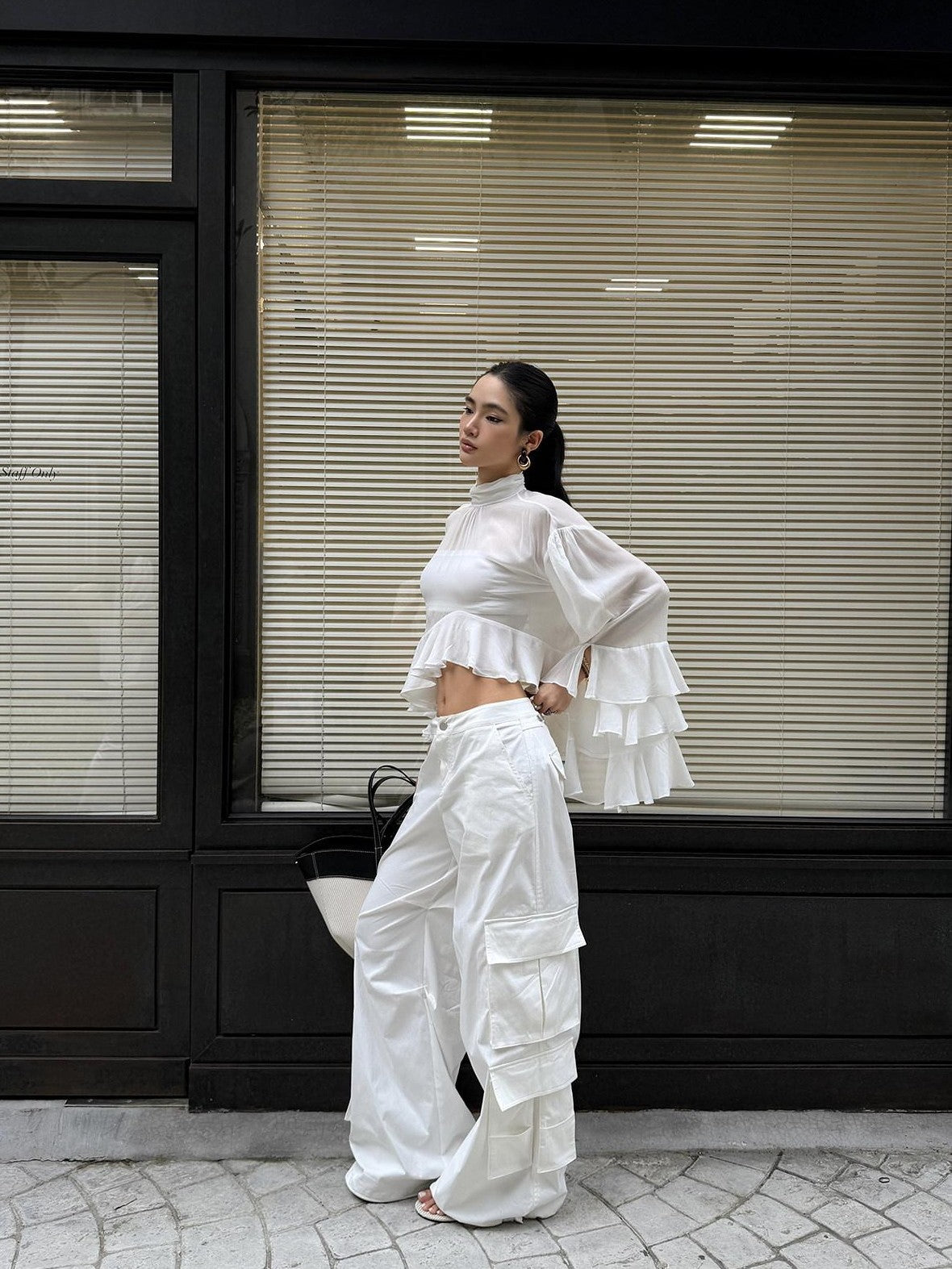 rovente White Cooling Drape Low Rise Utility Straight Wide Leg Women's Cargo Pants