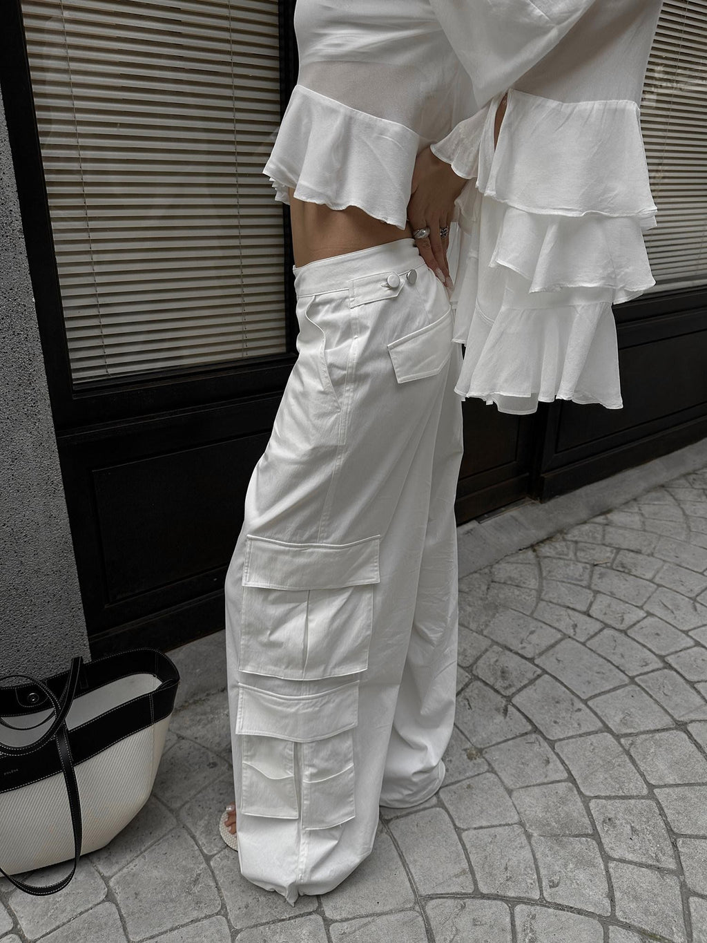 rovente White Cooling Drape Low Rise Utility Straight Wide Leg Women's Cargo Pants