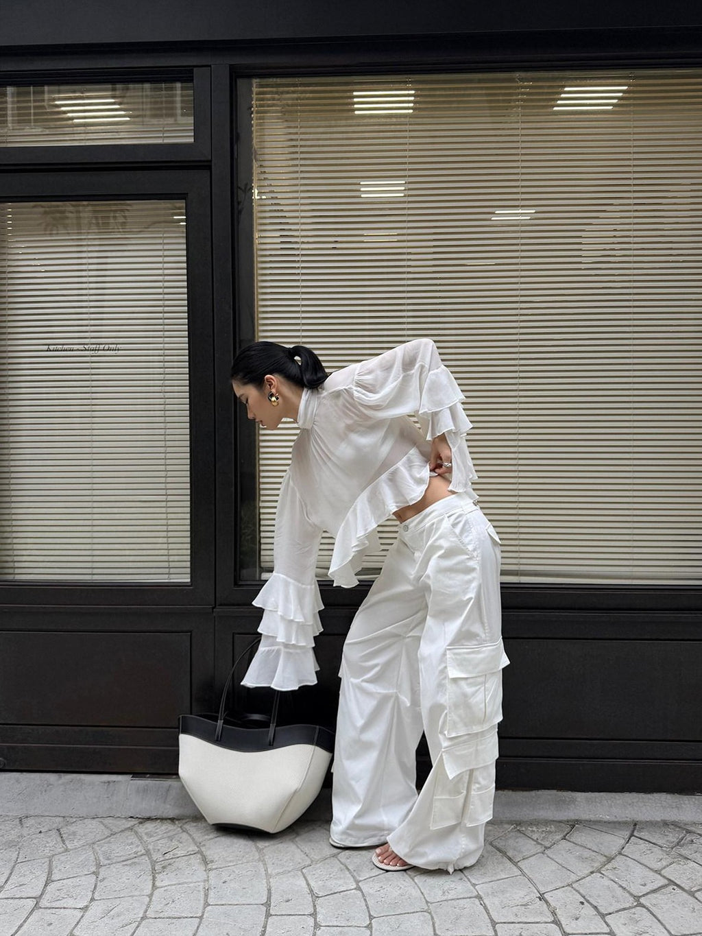 rovente White Cooling Drape Low Rise Utility Straight Wide Leg Women's Cargo Pants