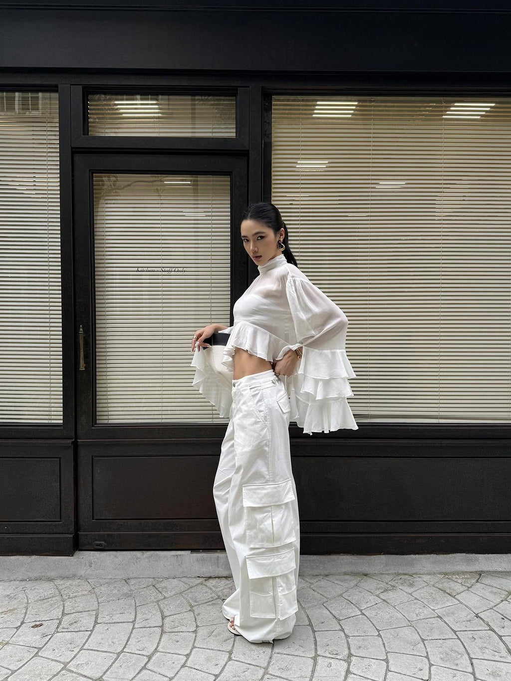 rovente White Cooling Drape Low Rise Utility Straight Wide Leg Women's Cargo Pants