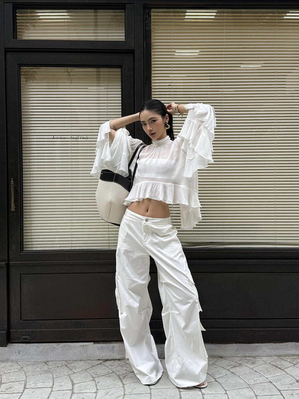 rovente White Cooling Drape Low Rise Utility Straight Wide Leg Women's Cargo Pants