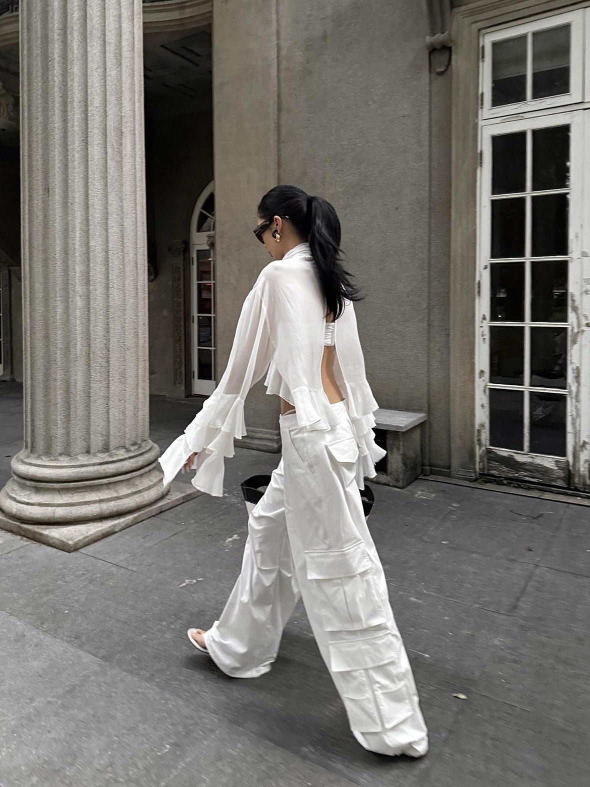 rovente White Cooling Drape Low Rise Utility Straight Wide Leg Women's Cargo Pants
