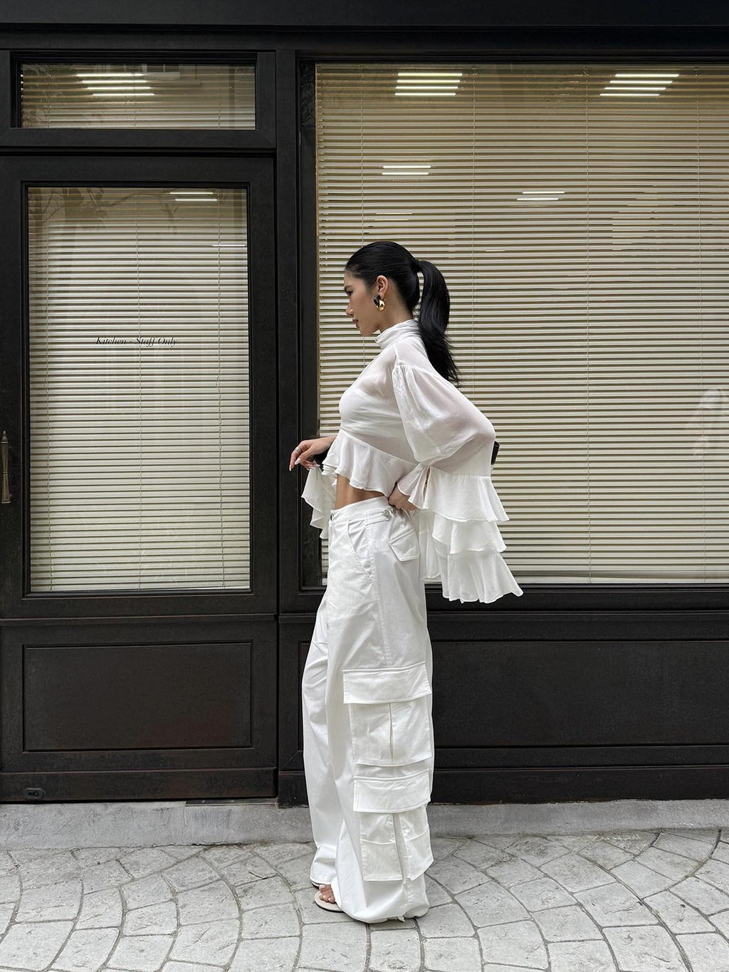 rovente White Cooling Drape Low Rise Utility Straight Wide Leg Women's Cargo Pants