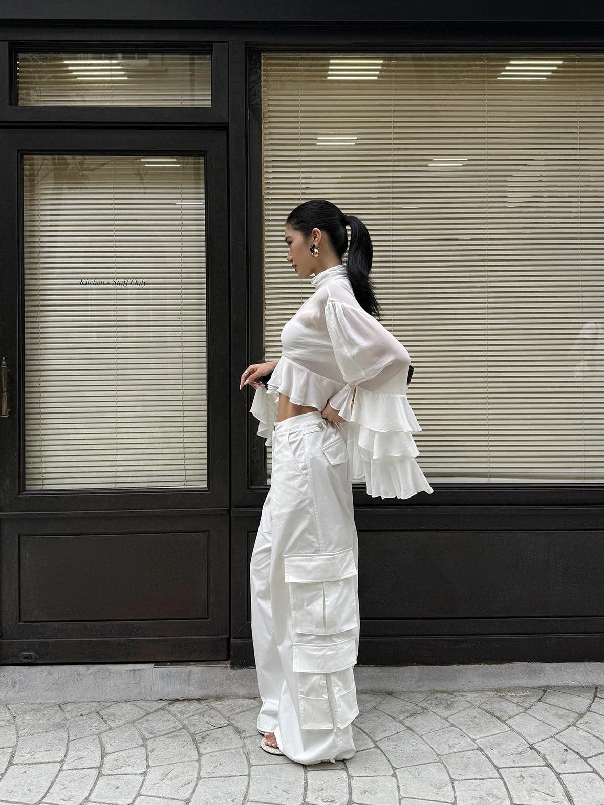 rovente White Cooling Drape Low Rise Utility Straight Wide Leg Women's Cargo Pants