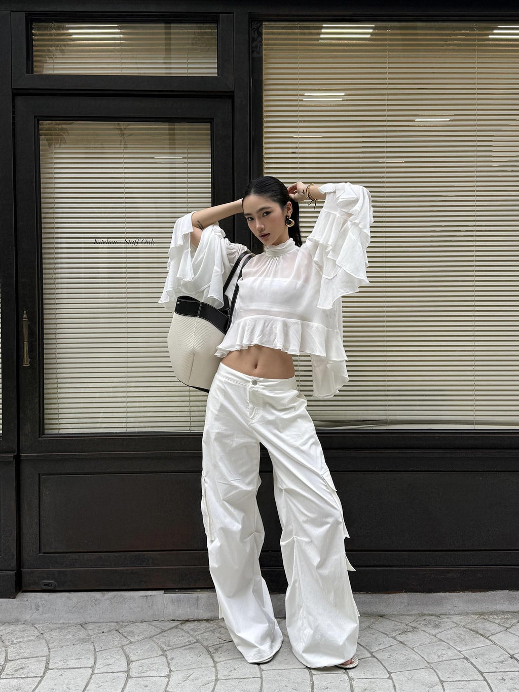 rovente White Cooling Drape Low Rise Utility Straight Wide Leg Women's Cargo Pants