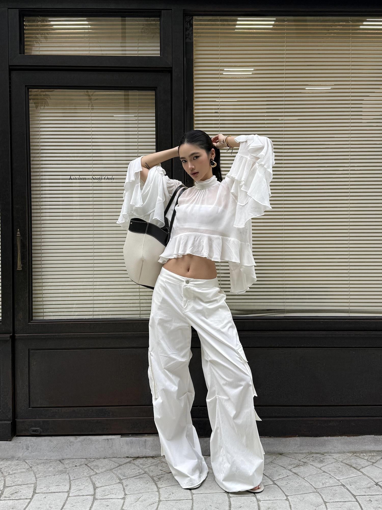 rovente White Cooling Drape Low Rise Utility Straight Wide Leg Women's Cargo Pants
