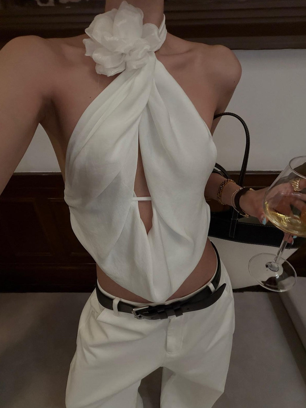 rovente White Crisscross Neck Handmade Pleated Floral Cropped Women's Halter Tops