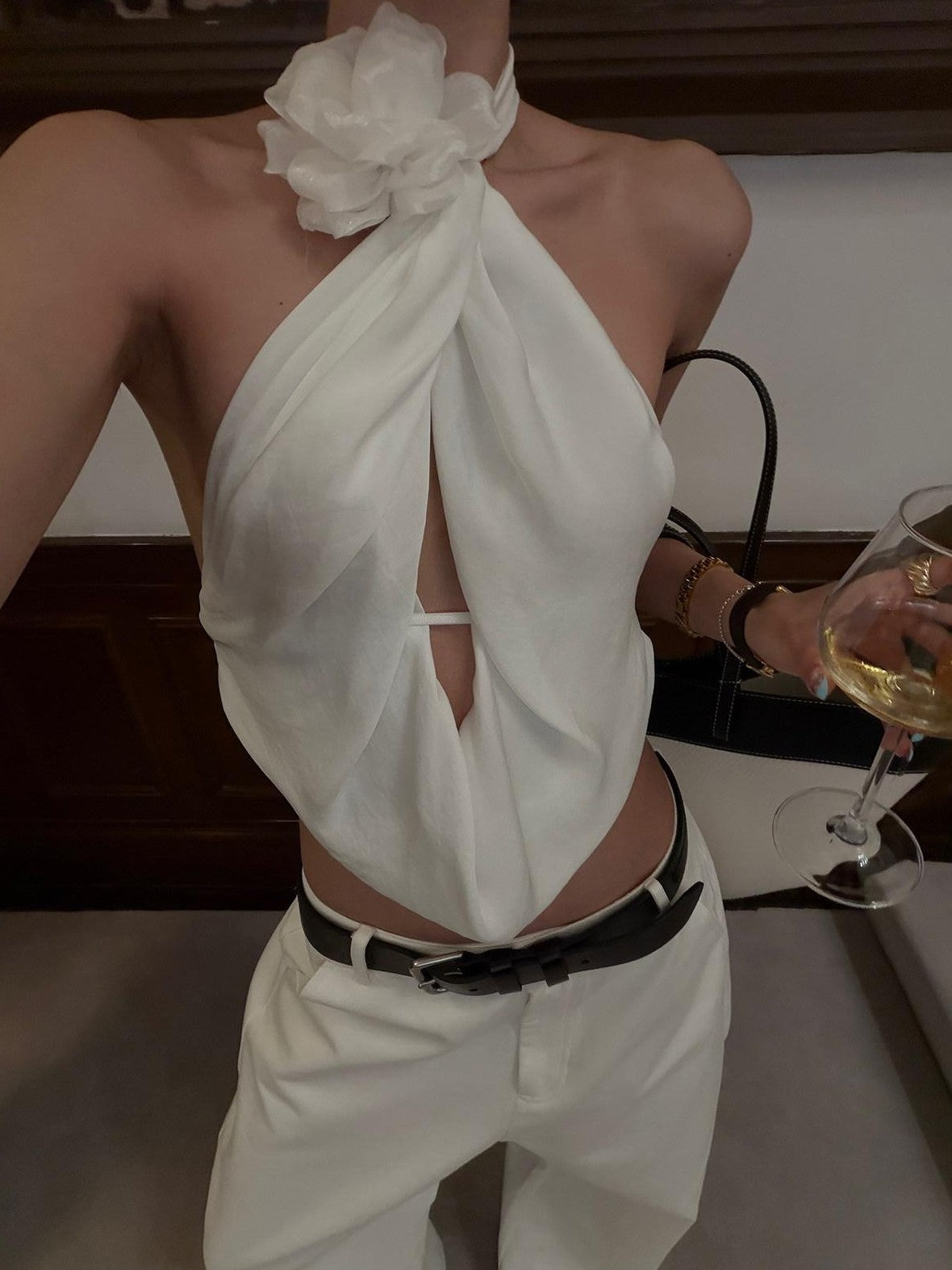 rovente White Crisscross Neck Handmade Pleated Floral Cropped Women's Halter Tops