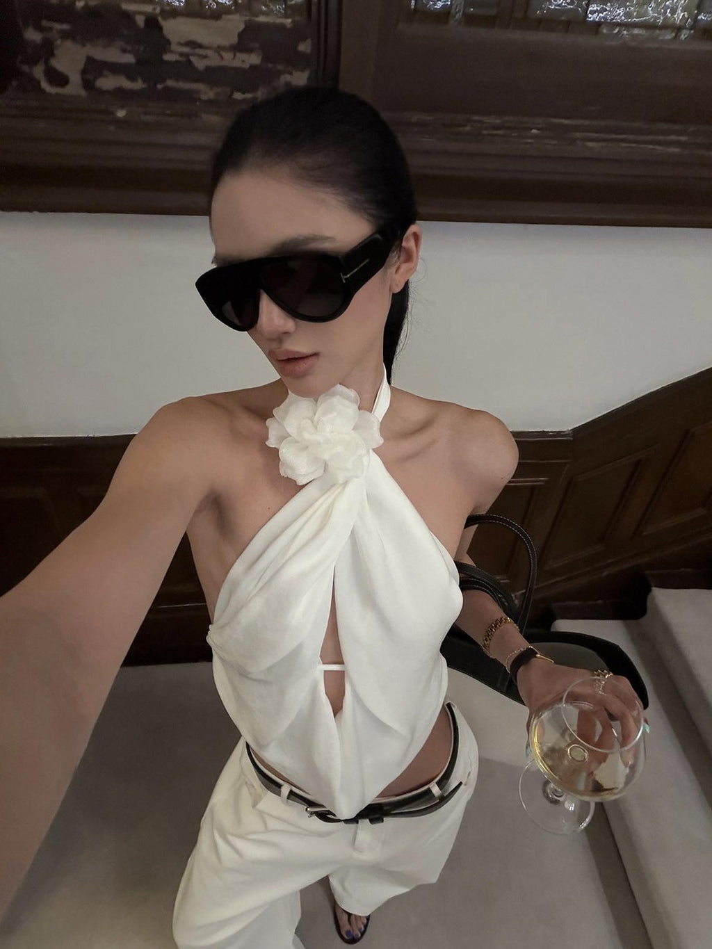 rovente White Crisscross Neck Handmade Pleated Floral Cropped Women's Halter Tops