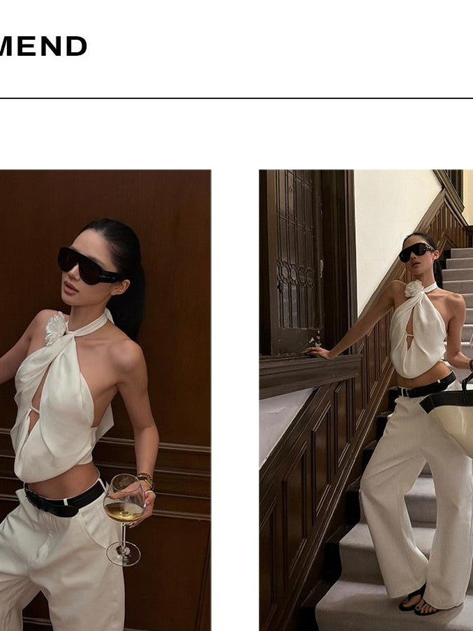 rovente White Crisscross Neck Handmade Pleated Floral Cropped Women's Halter Tops