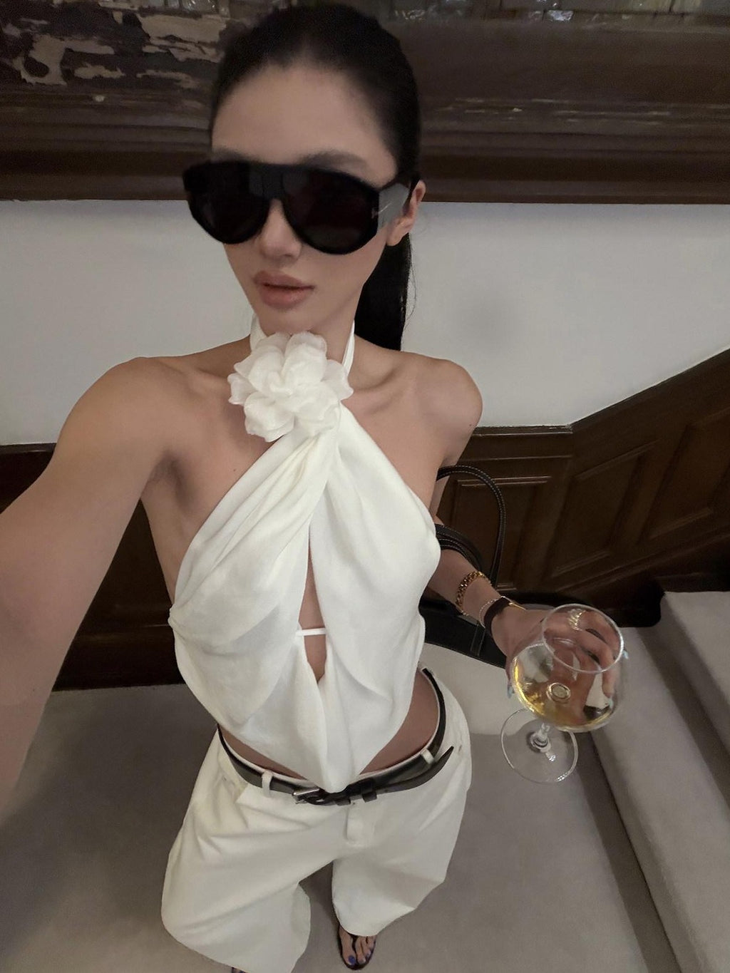 rovente White Crisscross Neck Handmade Pleated Floral Cropped Women's Halter Tops