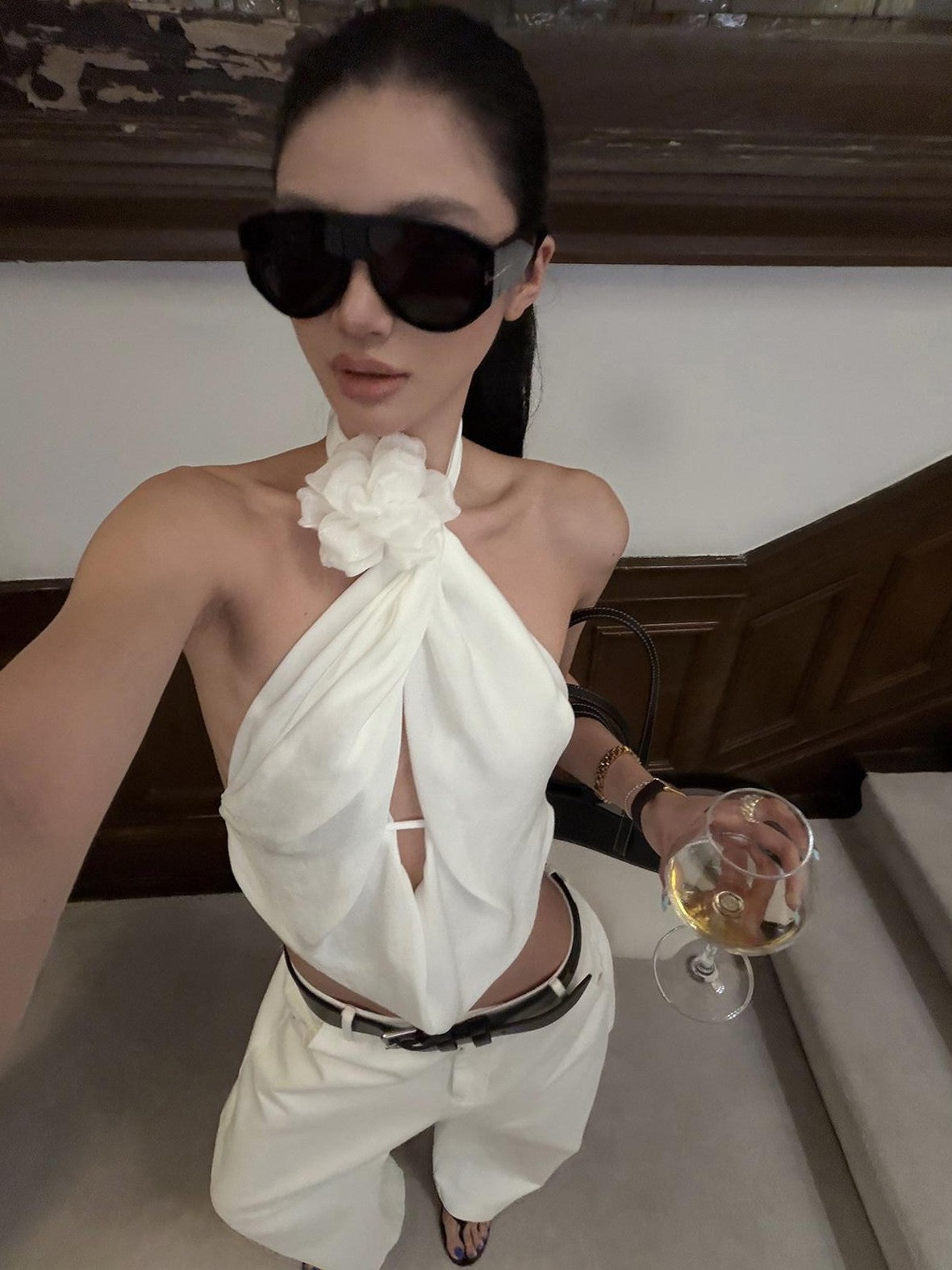 rovente White Crisscross Neck Handmade Pleated Floral Cropped Women's Halter Tops