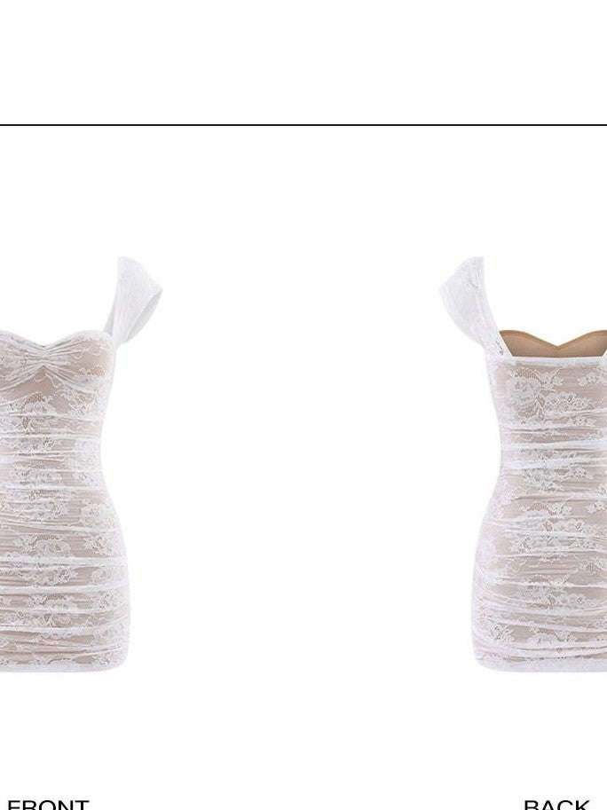 rovente White Curved Cap Sleeve Hip Hugging Women's Lace Bodycon Mini Dresses