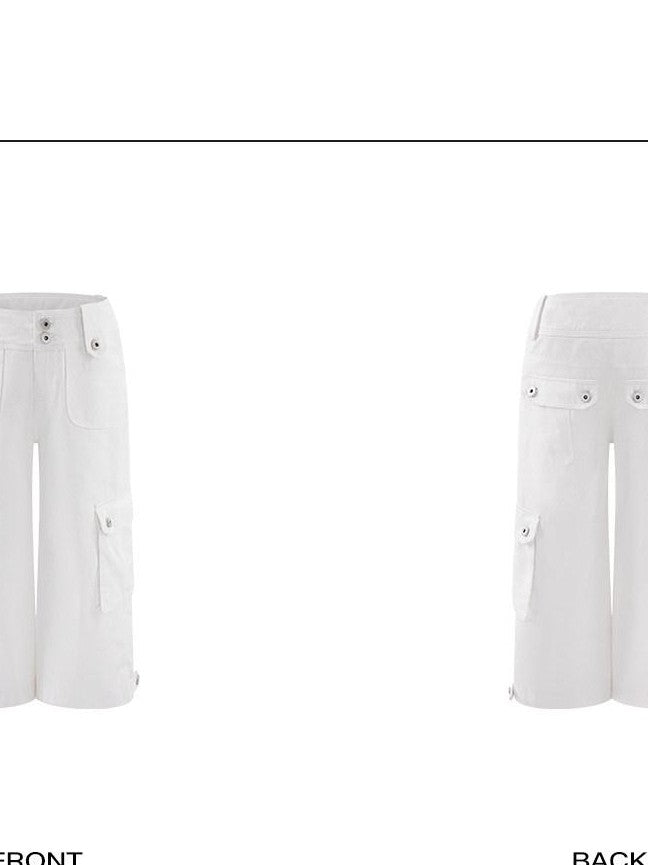 rovente White Deconstructed Cargo Pockets Zip Fly Straight Women's Cotton Capri Pants