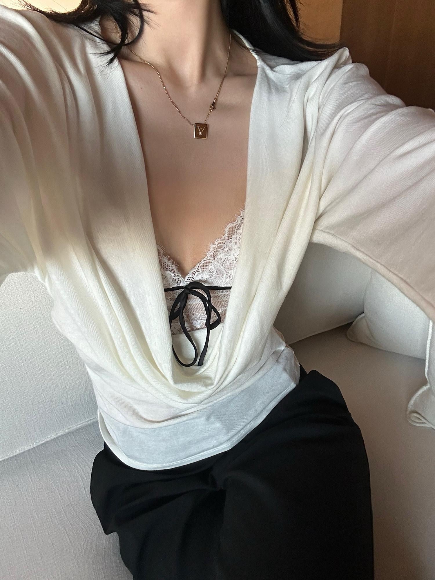 rovente White Deep V Waist Cinching Slim Fit Padded Women's Nylon Spandex Lace Camisoles