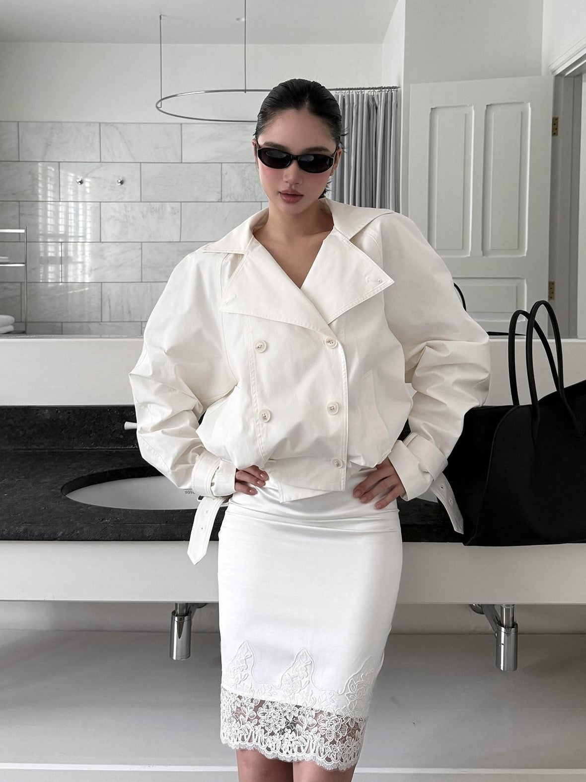 rovente White Double Breasted Stand Collar Short Loose Cotton Women's Casual Jackets