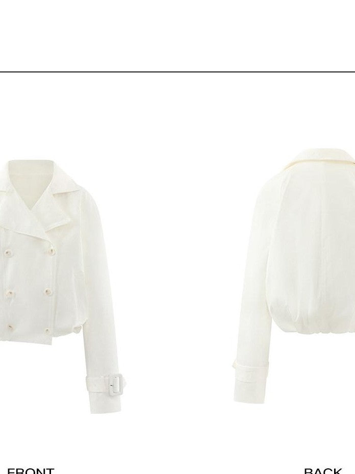rovente White Double Breasted Stand Collar Short Loose Cotton Women's Casual Jackets