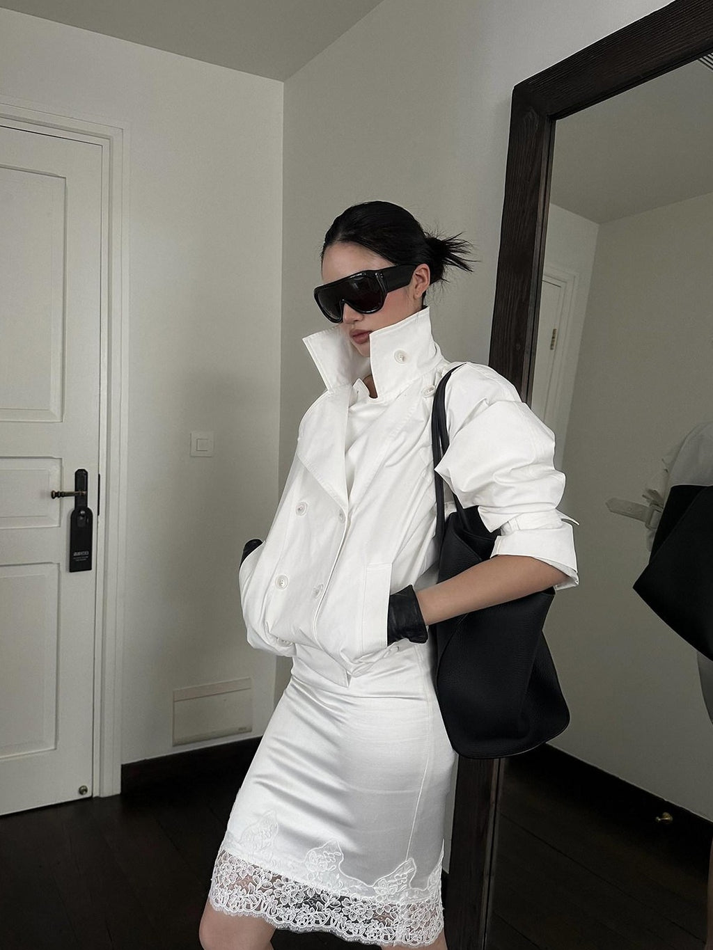rovente White Double Breasted Stand Collar Short Loose Cotton Women's Casual Jackets