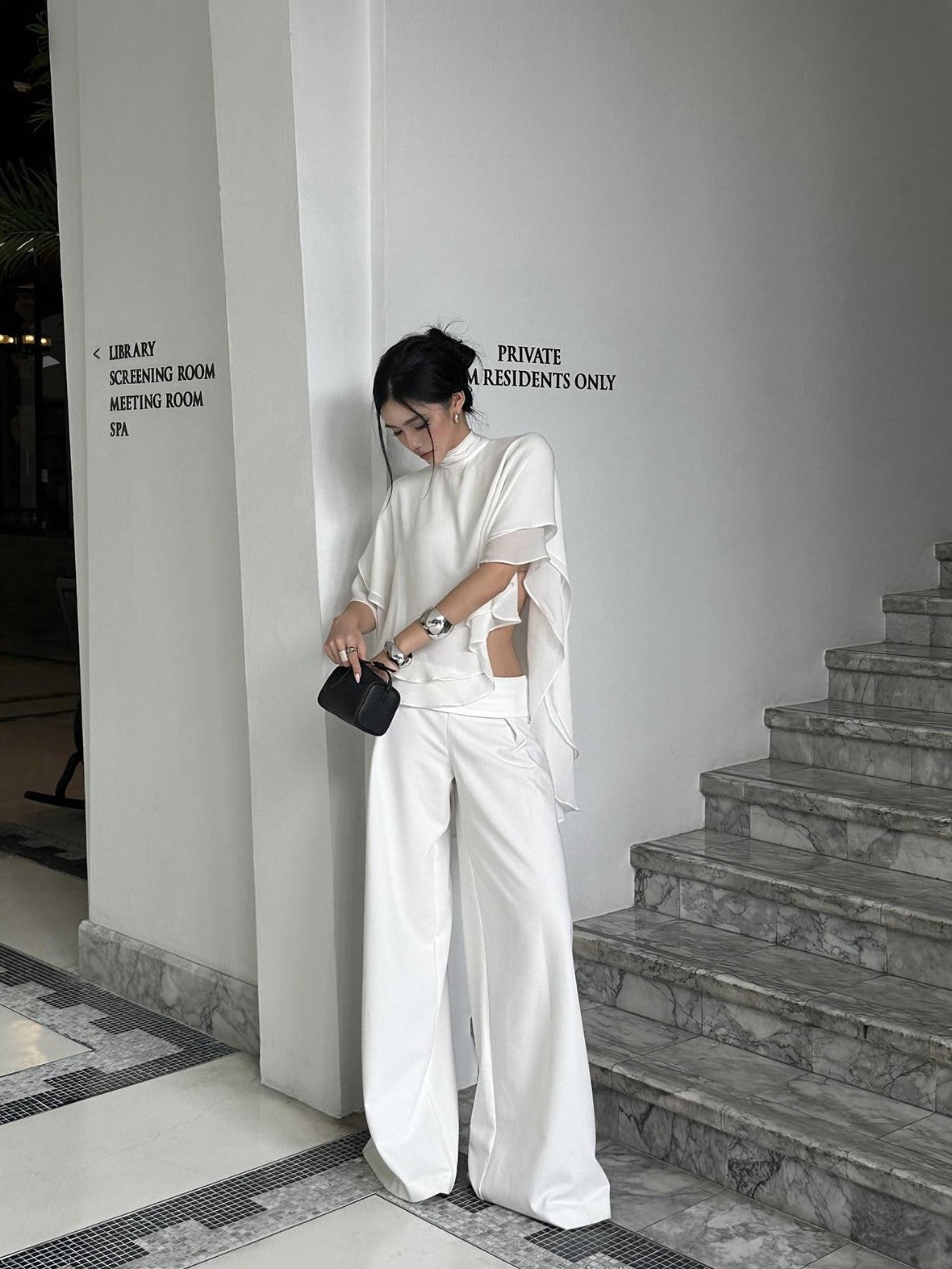 rovente White Draped High Waist Straight Women's Polyester Palazzo Pants