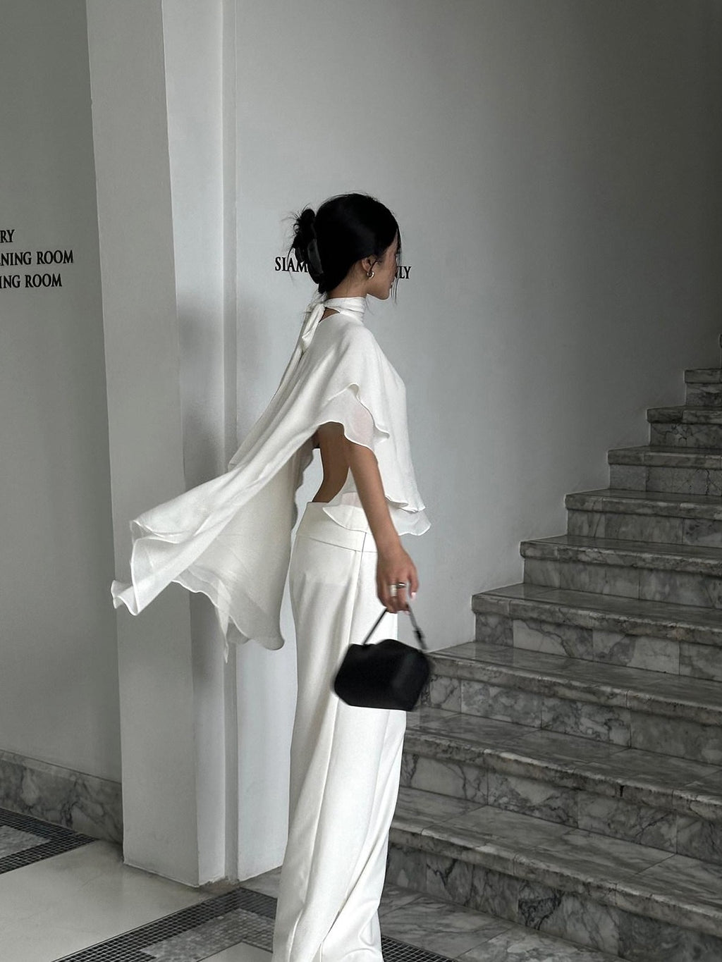 rovente White Draped High Waist Straight Women's Polyester Palazzo Pants