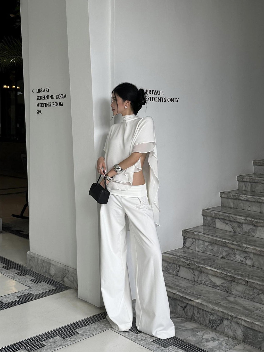 rovente White Draped High Waist Straight Women's Polyester Palazzo Pants