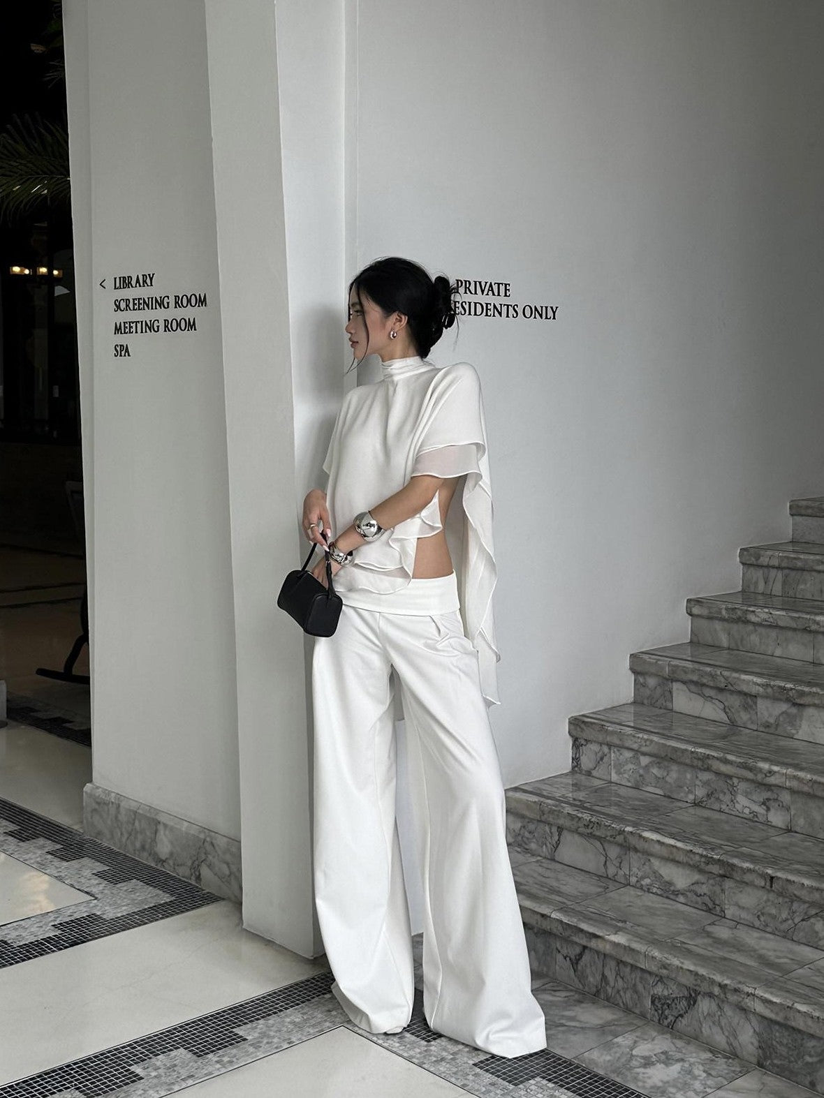 rovente White Draped High Waist Straight Women's Polyester Palazzo Pants
